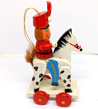 Vintage Hand painted Wood Soldier On A Rocking Rolling Horse Christmas Ornament