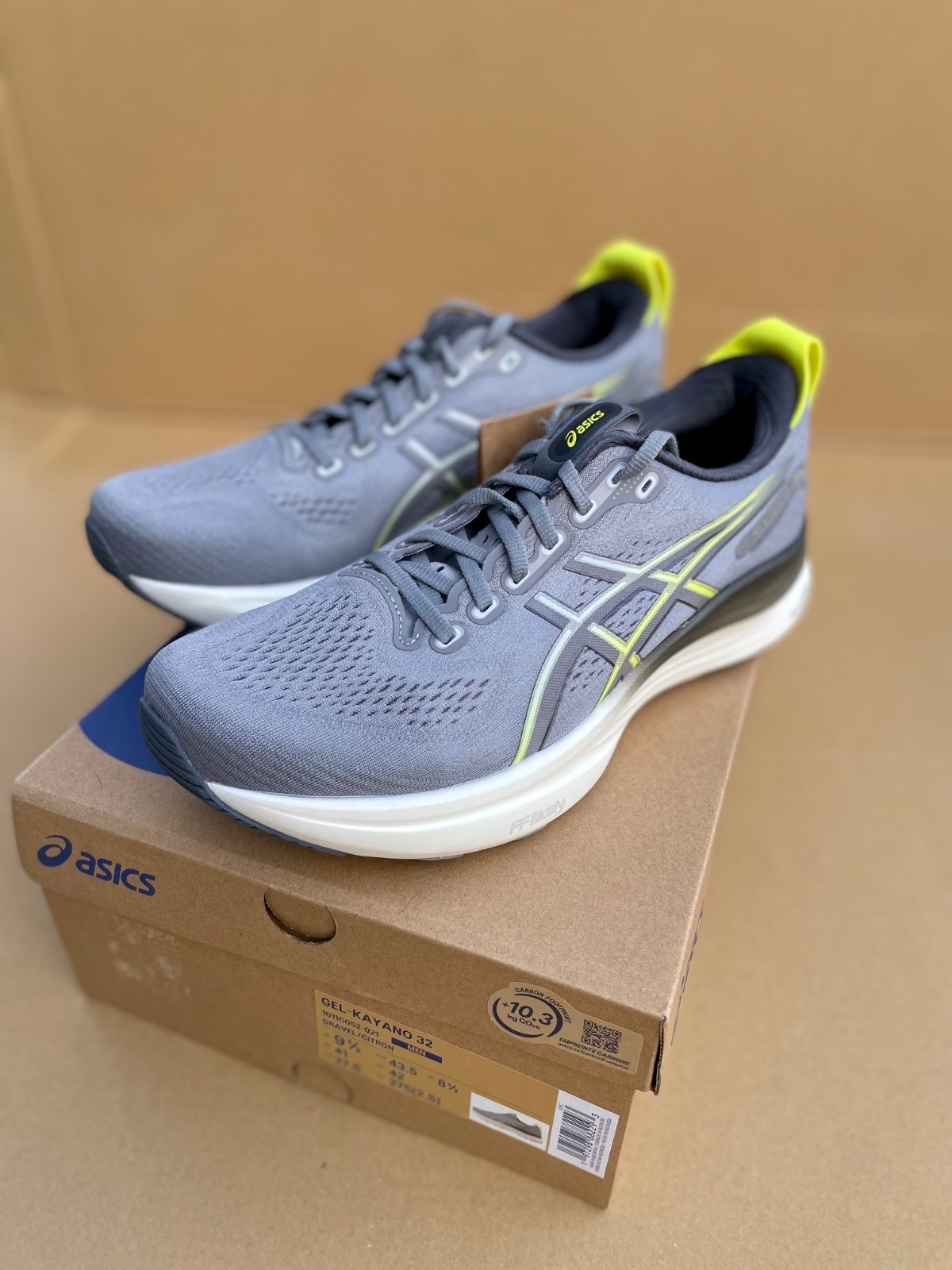 Men's ASICS Gel Kayano 32 Size 9.5D Gravel Citron Running Shoe New With Box