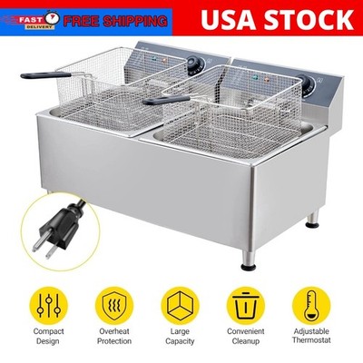 201 Stainless Steel Countertop Fryers Commercial Deep Fryer 3400W W/ 2 Baskets