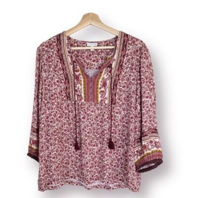 Garnet Hill Fall Florals Peasant Blouse  Tassels 3/4 Sleeve Boho Size 6