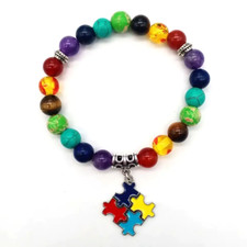 Autism Awareness 7 Beads Elastic Bracelet Natural Stone Rainbow Jewelry Bracelet