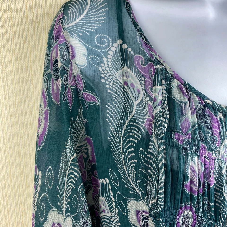 Blusa To the Max para mujer M verde azulado seda floral cachemira con mangas abullonadas camisola Foto 3 de 4