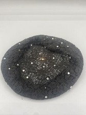 Vintage Black Lace Rhinestone Beret Hat - USA