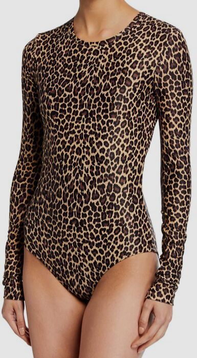 $222 Cover Women's Beige Long-Sleeve Leopard Print One-Piece Swimsuit Size L