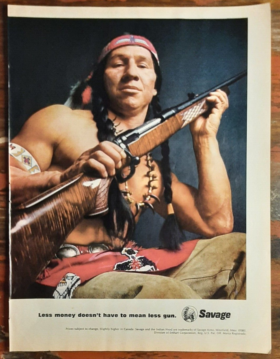1970 Savage Arms Vintage Print Ad Rifle Indian Head Logo Warrior Guns Ammo