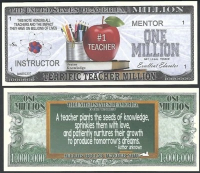 Terrific Teacher Million Dollar Bill Play Funny Money Novelty Note + FREE SLEEVE