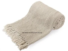 100% Cotton BEIGE Woven Herringbone Sofa Chair Bed Throw Fringed Blanket Woven
