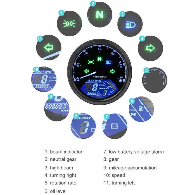 LCD Digital Universal Motorcycle Odometer Speedometer Tachometer 12000RPM Gauge - Image 4 of 4