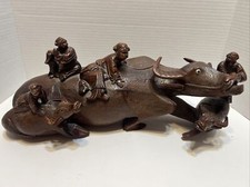 Large Hand-Carved Asian Hardwood Statue of a Water Buffalo w/ 2 Calf, ca. 1900