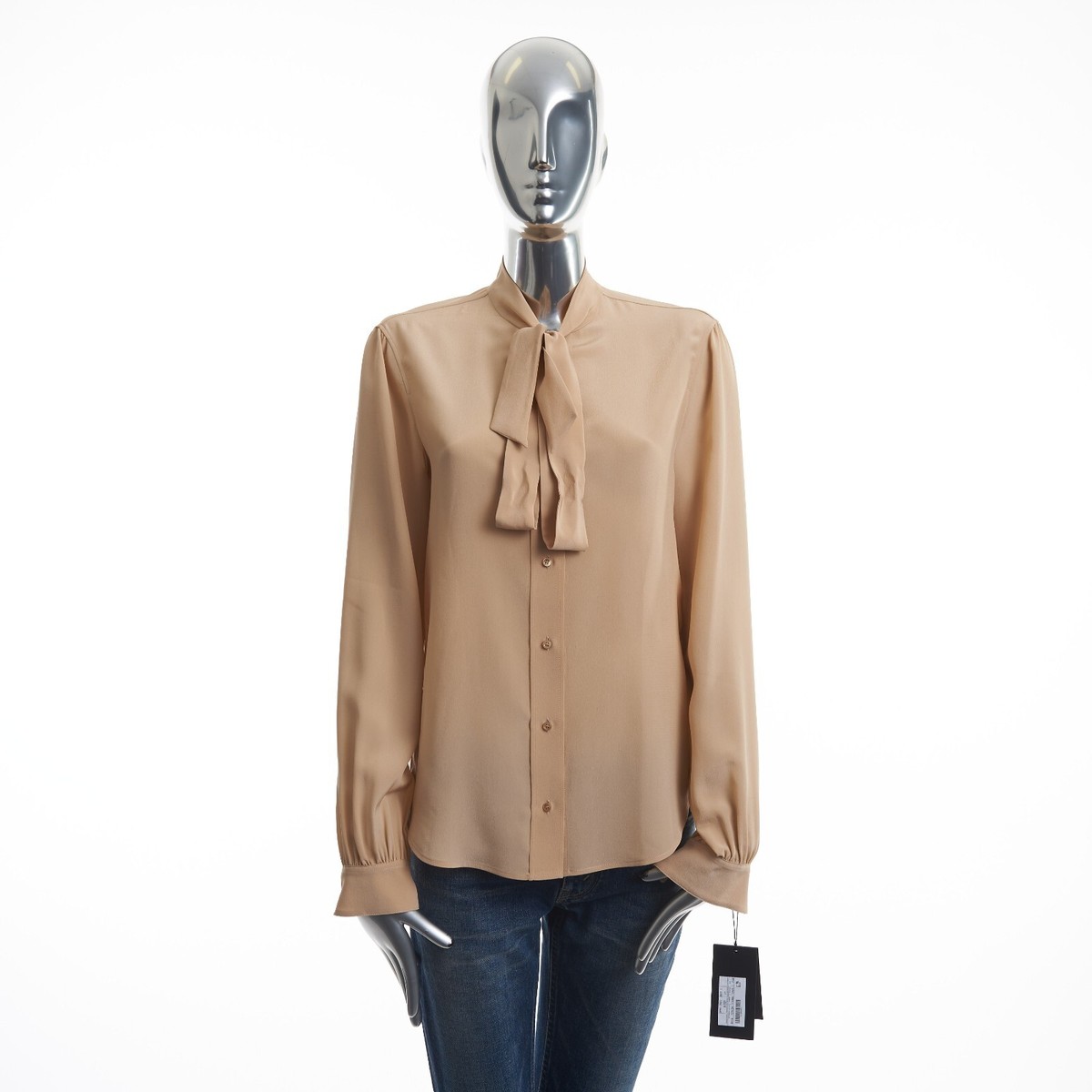 SAINT LAURENT 1650$ Beige Tie-neck Button Down Silk Blouse | eBay