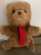 Bear Hand Puppet Plush Gund Red Bow 12" Brown Stuffed Animal Vintage Korea 1988