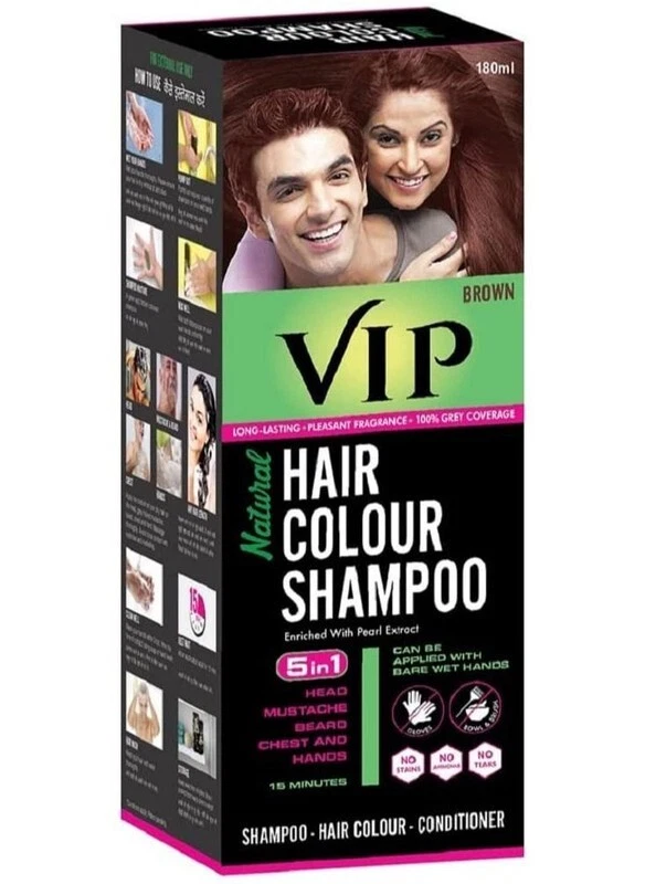 VIP 5-In-1 Natural Hair Color Dye Shampoo Conditioner Healthy Hair BROWN - 180ml