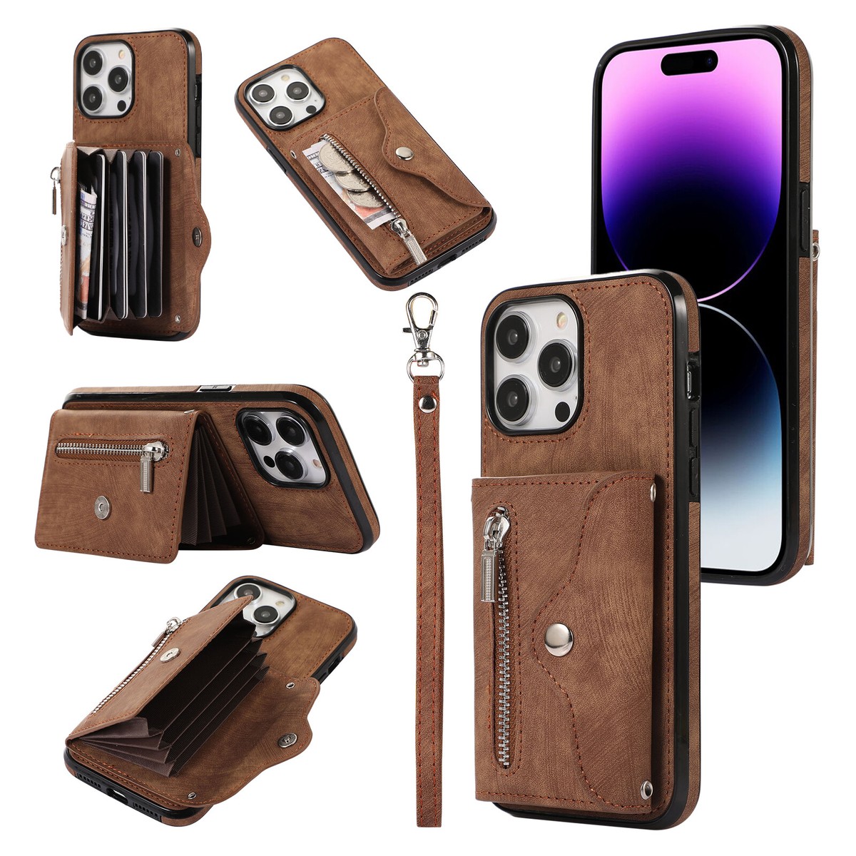 For iPhone 16 15 Pro Max 14 13 12 Crossbody Zipper Card Wallet