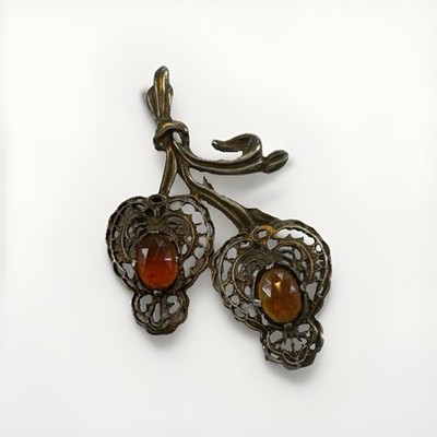 Vintage Art Nouveau Brooch Amber Glass Filigree Pin
