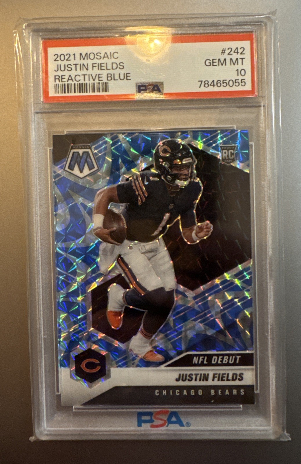 2021 Mosaic #242 Justin Fields RC Reactive Blue PSA 10 NFL Debut Bears