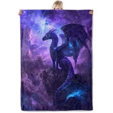 Cosmic Dragon Flannel Blanket 50x60in, Mystical Purple and Blue Fantasy with ...