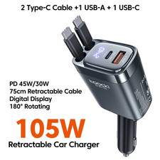USB-C Car Charger 105W PD45W QC3.0 Retractable Cable for iPhone Samsung