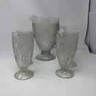 Vintage Jeanette Iris 56 oz Pitcher & Set of 4 ~12 oz Footed Glasses Smooth Stem