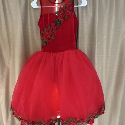 Red Sleeveless Tulle Tutu Dance Dress Floral Applique Size Adult Medium