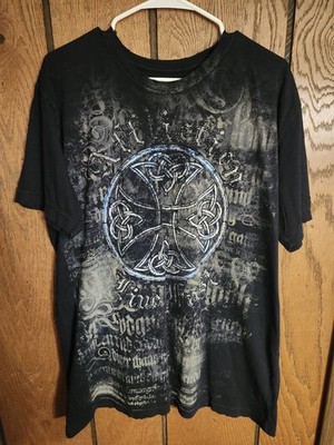 Vintage Y2k Affliction Shirt Distressed Grunge Cross Color Shift Short Sleeve XL