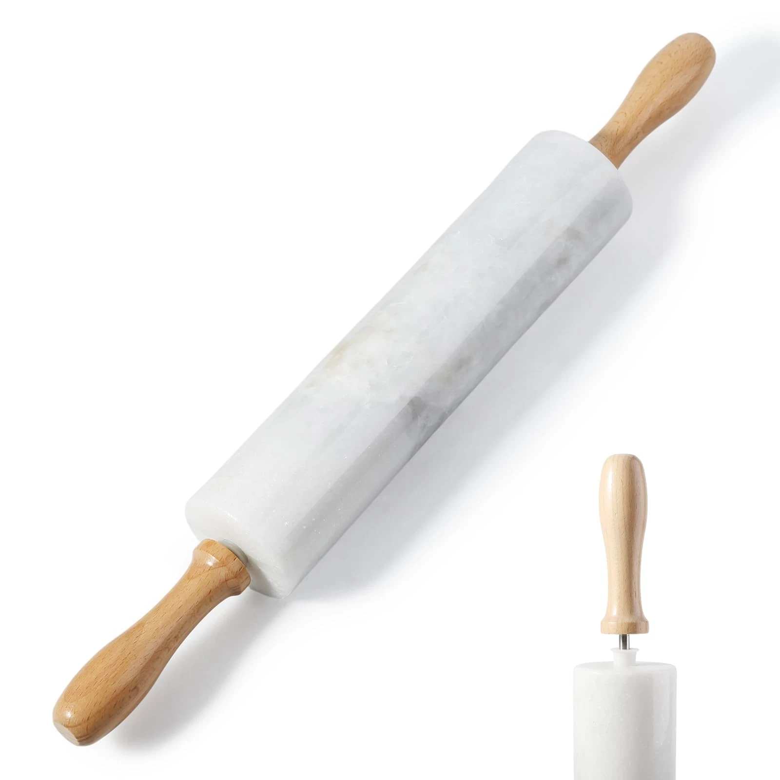 White Marble Rolling Pin With Wooden Handles & Wood Cradle, 18 Inch Polished ...