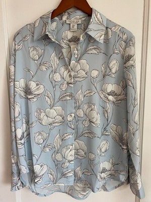 Rachel Zoe Women Shirt Blouse Medium Blue White Floral Satin Button Down NWOT