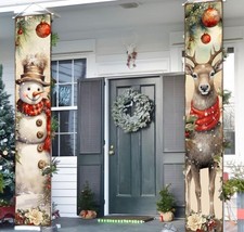 Christmas Porch Sign Banner Merry Christmas Snowman Deer Door Banner for Xmas Ho