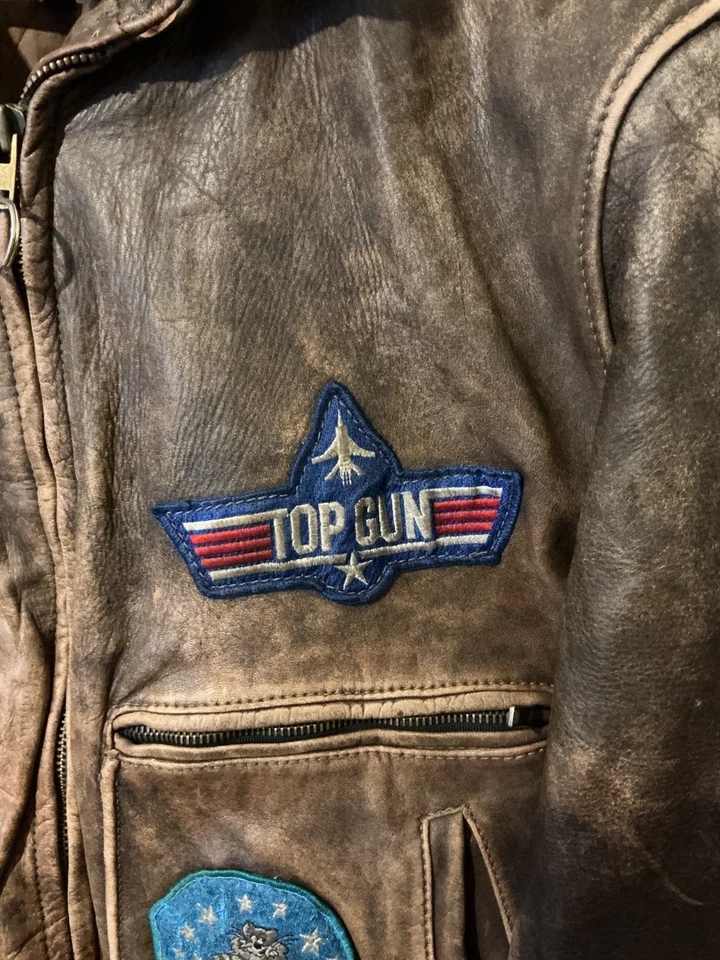 F-14 Mens Leather Jacket Top Gun Tomcat Bomber Flight Lined Patches Pocket Brown - Image 3 of 4