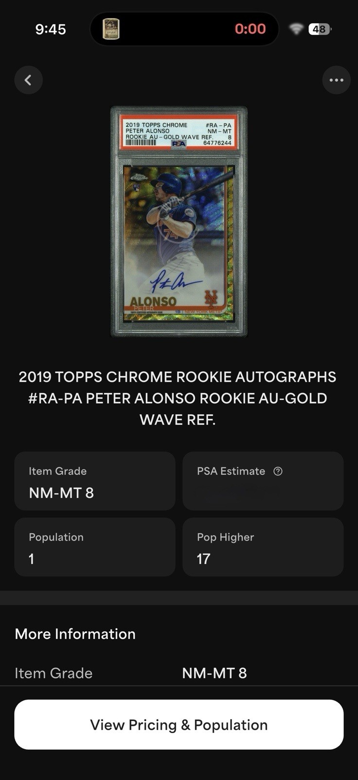 2019 TOPPS CHROME PETE ALONSO AUTO GOLD WAVE REFRACTOR /50 RC PSA 8 view 5