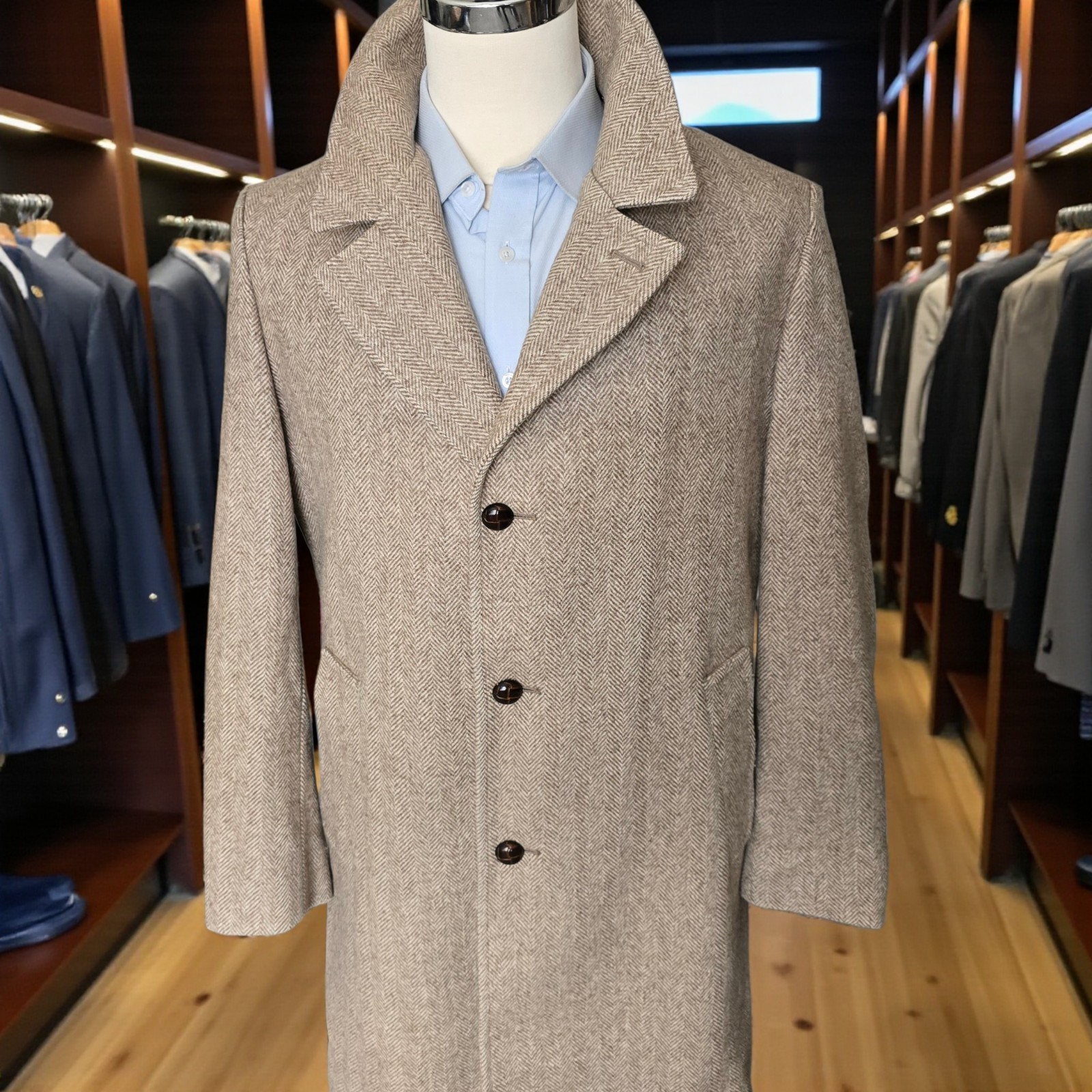 Vintage 1970s Brown Herringbone Overcoat 44r Midlength Wool Blend