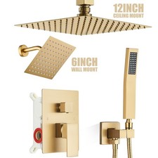 Brushed Gold Shower Faucet Set 12" Ceiling Rain Shower System 6" Shower Head Kit