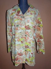 Citron Santa Monica Embossed Asian Art Button Down 100% Linen Tunic Top Size S
