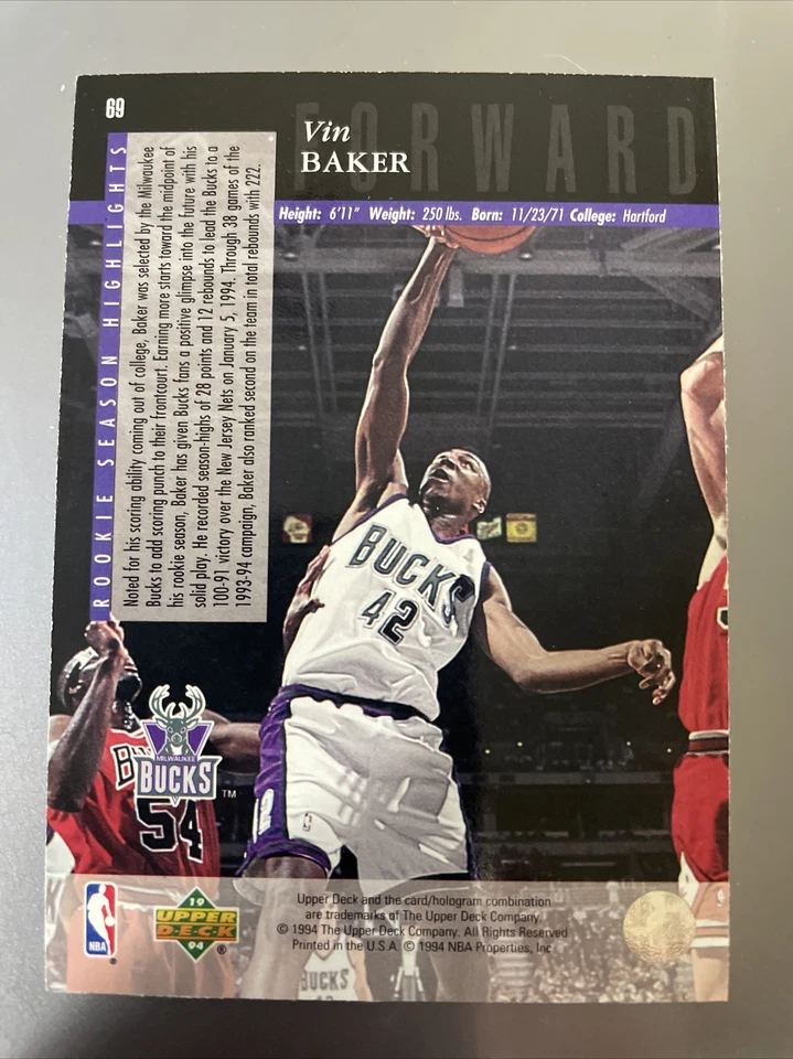 1993-94 Upper Deck SE Basketball #69 Vin Baker RC - Image 2 of 2