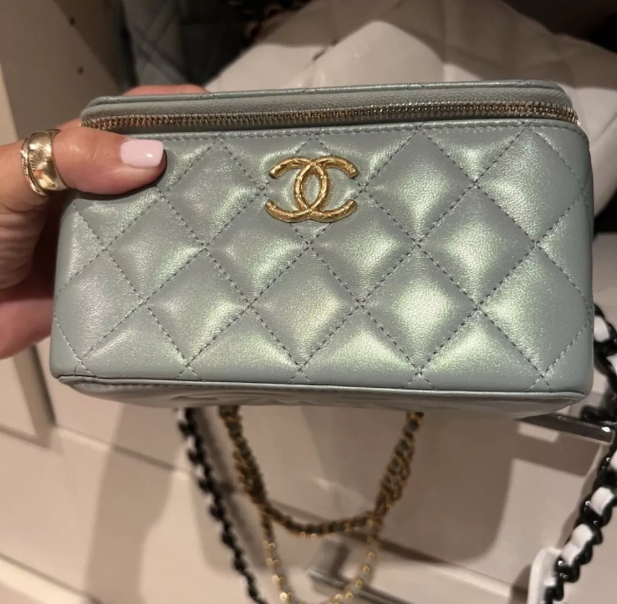 Chanel Classic Vanity Case with Chain Quilted Caviar Small Iridescent Blue