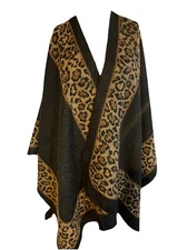 Leopard Print Poncho Shawl One Size Brown Black Open Front Wrap