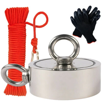 1800LBS Double Sided Fishing Magnet Kit Force Rope Carabiner Goves Heavy duty