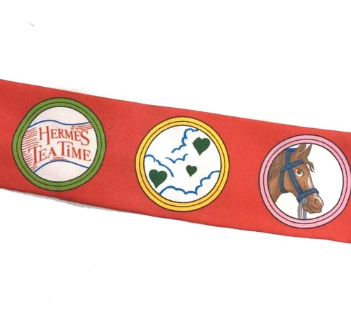 HERMES "TEA TIME" Red 100% Silk Twilly Scarf 34" Excellent Condition France - Picture 6 of 8