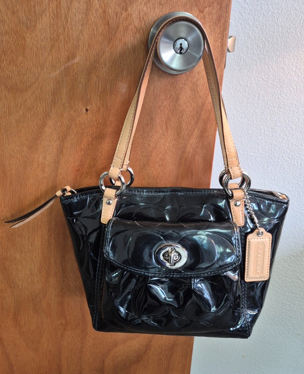 Auth COACH #F14729 Leah Signature Embossed Black Patent Leather