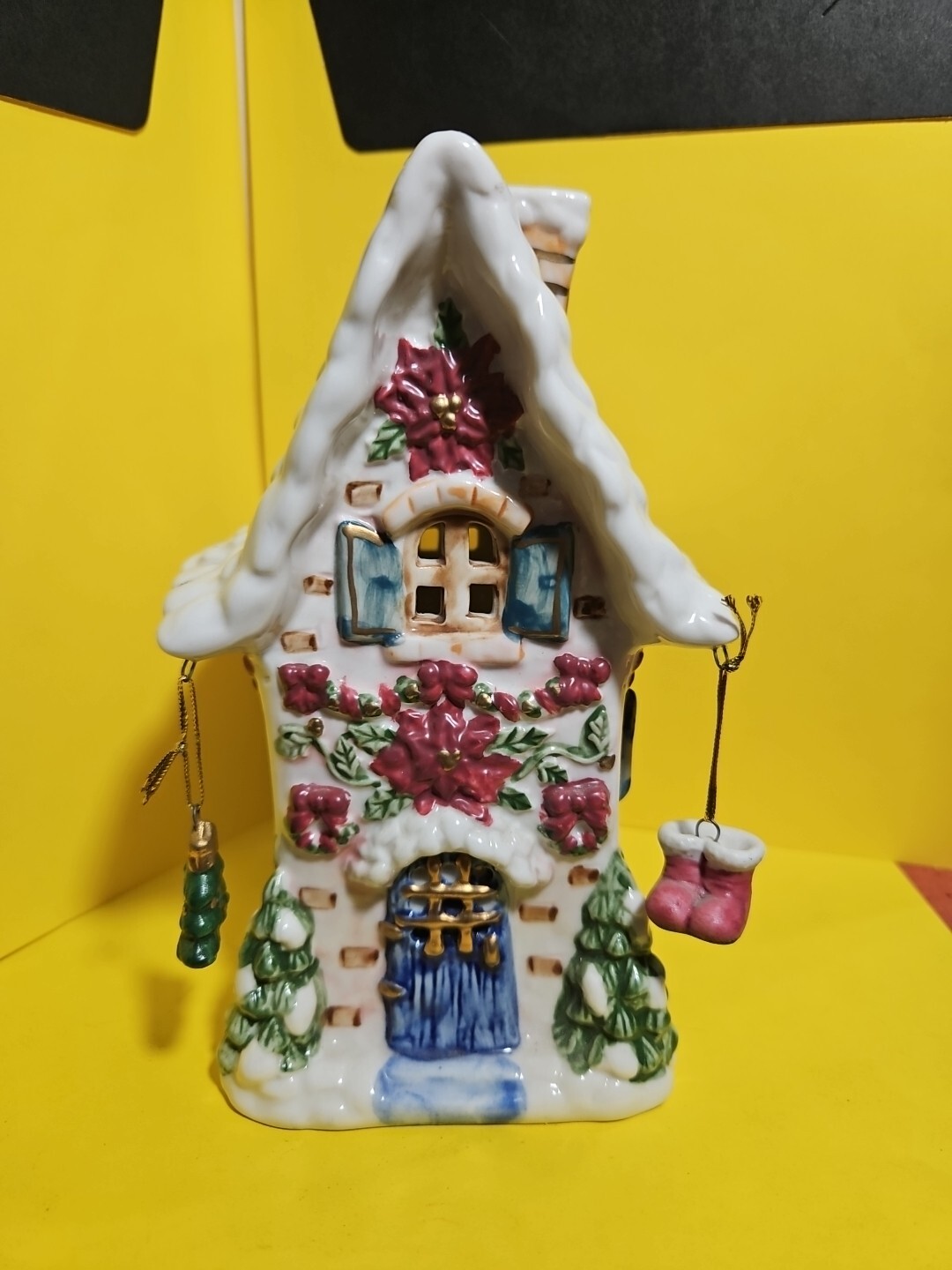 Hand Painted Porcelain Christmas Cottage Tea Light Candle Holiday House 