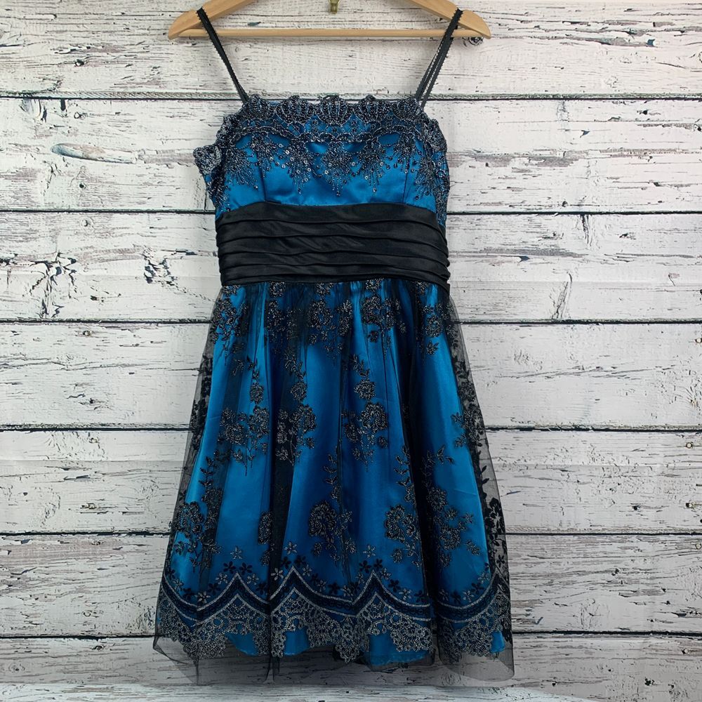 Blondie Nites Turquoise Black Lace Overlay Formal Party Dress Size Made  in USA
