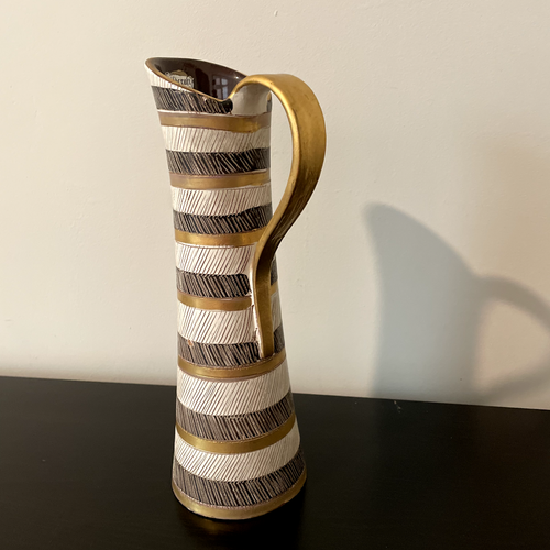 Vintage Mid Century Modern White, Brown and Gold Bitossi Pitcher Seta Aldo Londi - Picture 2 of 10