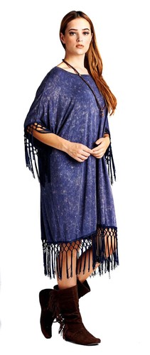 VELEZRA Womens Oversized Poncho Boho Fringe Bohemain Chic Short Sleeve Dress - Picture 5 of 12