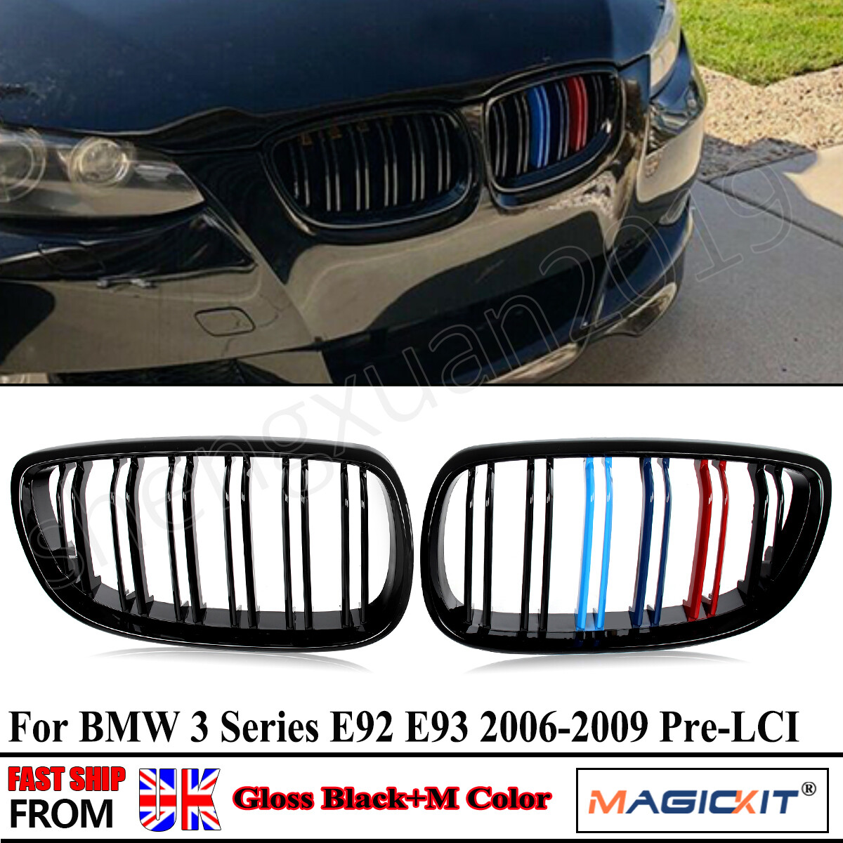 M-Color Double Slat Front Grill Kidney Grilles Gloss Black For BMW E92 E93 06-10