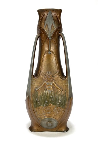 Vase fée Art Nouveau par Jean Garnier, nymphes françaises ancien Jugendstil signé - Photo 5 sur 7