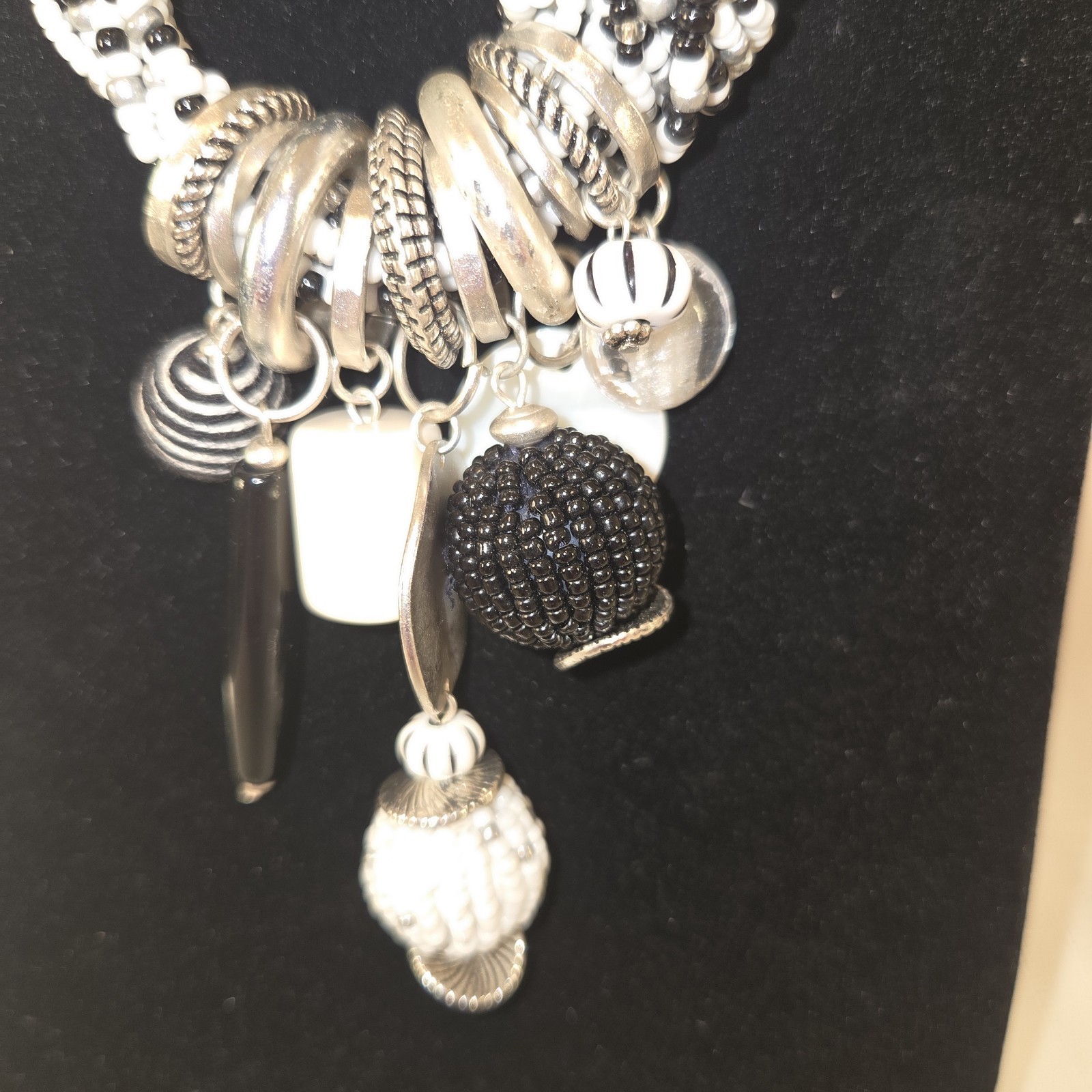 Chicos Black White Beaded Statement Necklace  Sma… - image 2