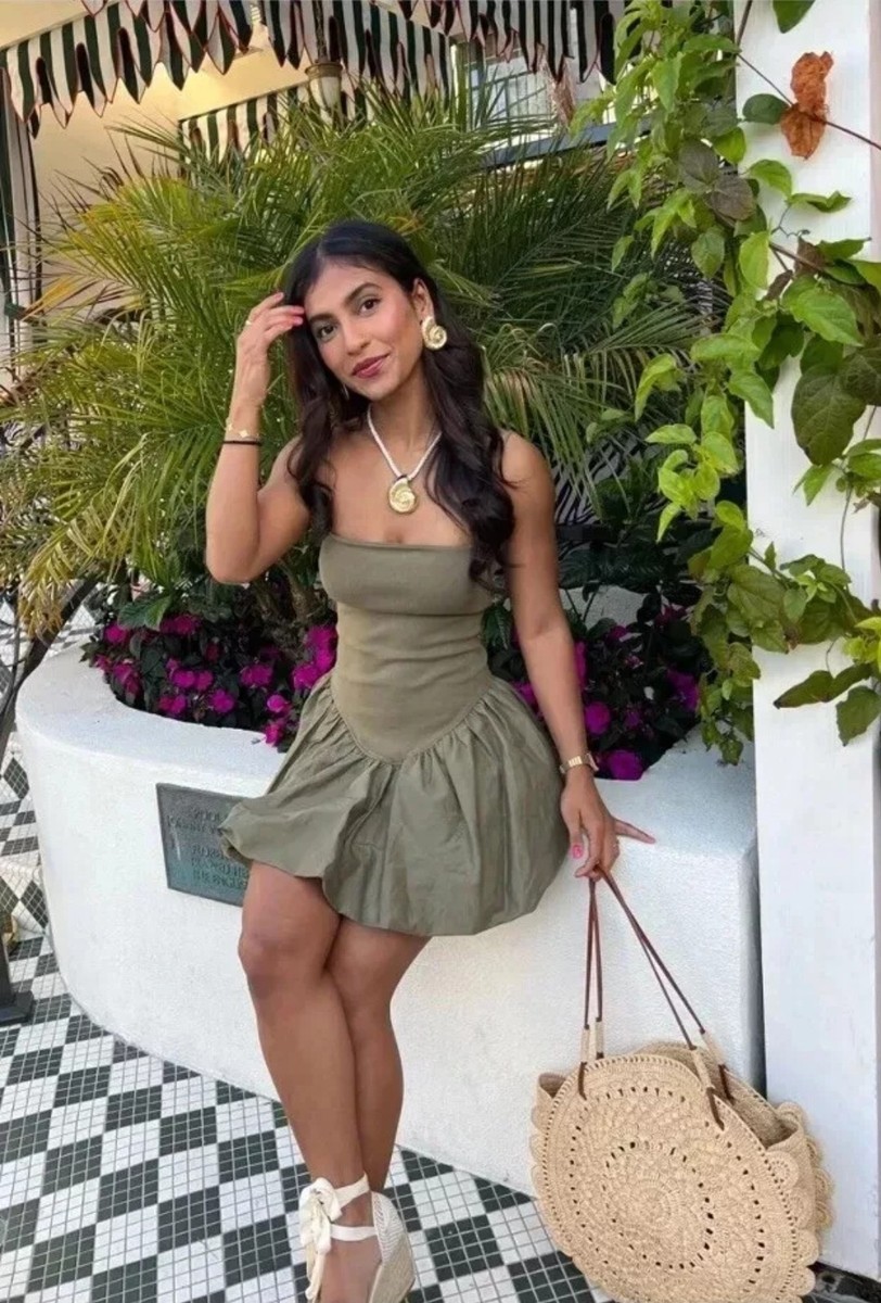 zara green balloon dress Double Take Full Size V-Neck Balloon Sleeve Tiered Women Dress with Pockets Light Blue / L main image 1