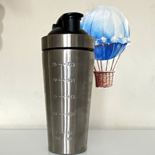 Stainless Steel 739ml Protein Shaker Bottle Flip Lock Lid Side Measures Silver