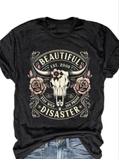 Women's Vintage Western Graphic T-Shirt - Black Bull Skull and Floral Print Sale