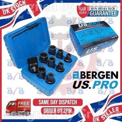 US PRO 9-TEILIG 1/2 ZOLL ANTRIEB WEIBLICH IMPACT E STAR STECKSCHLÜSSELSATZ TORX TORQ DREHMOMENT E10 - E24