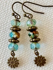 Etched Bronze Flower with Aqua Picasso Czech Bead Earrings. Boho Chic.